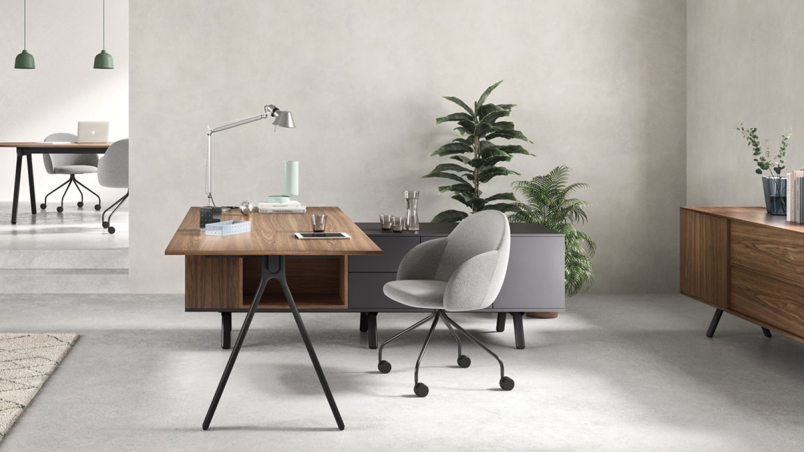 Design skrivebord Lay fra Archiutti med lysegrå plater og rød konstruksjon