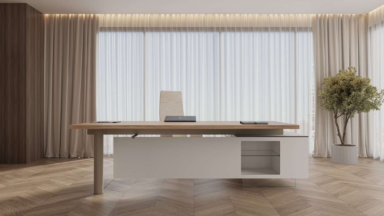 Moderne sjefsskrivebord Cloud fra Codutti med plate i herdet glass