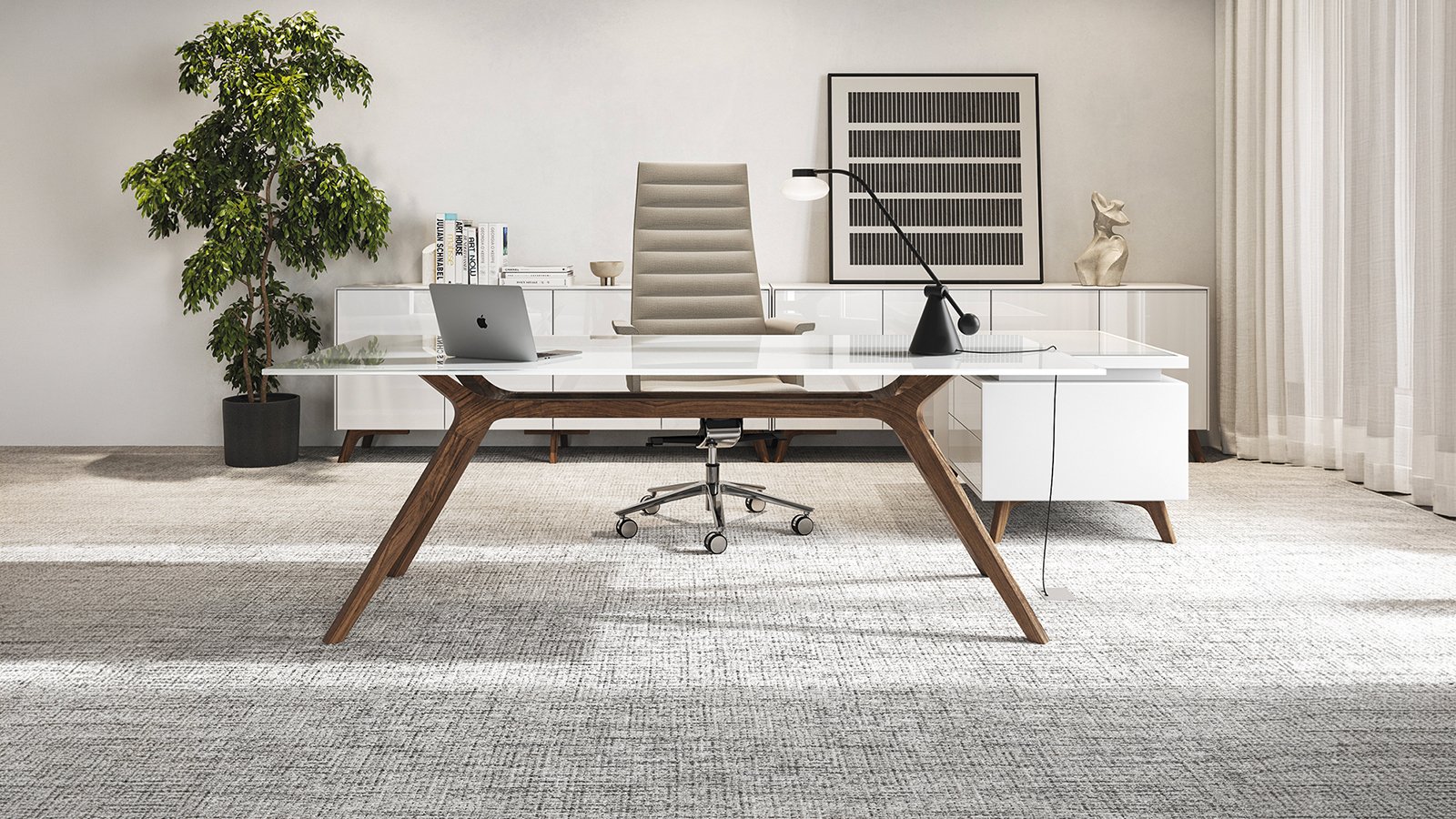 Design skrivebord DR fra Frezza med hvitlakkert stamme i massivt tre