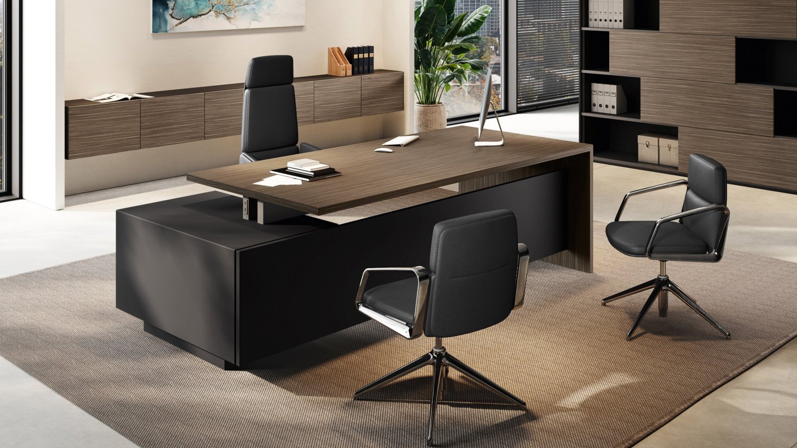 Komplett Elite lederetasje — skrivebord, møtebord og boiserie, design Progetto CMR