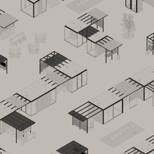 Pergola med skyvegardiner over CSS_Village modulene