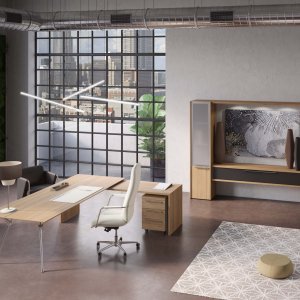 Reol Genesis med klaffer i satinert glass og rammer i polert aluminium