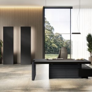 Las Mobili Jera direktørskrivebord 2 100 mm finish Noce Bali, Eco-Pelle Ardesia sidepaneler — direktørkontor Oslo