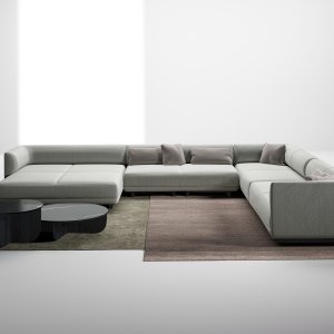 Lavt småbord Ø 60 cm foran kontorsofa og loungestoler Node+