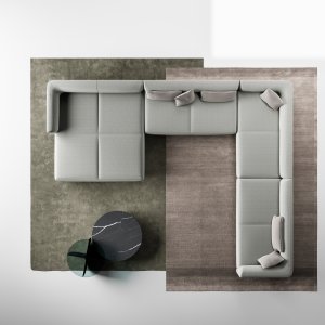 Hall med en øy fra LaCividina Node+, omgitt av polstrede rygger