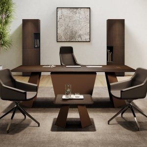 Monolith skrivebord i 3d-folie Noce Bali med understell i Rust
