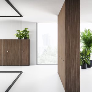Satinerte glass i Mood-veggen skjermer et diskret kontor