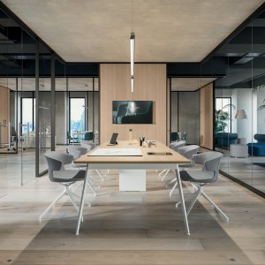 Overgangsmodul i tre og glass i en Quadrifoglio vegg